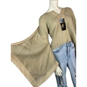 Angel Sleeve Blouse Shirt Top Fairy Bell Crochet Lace Trim NWT Boho L
